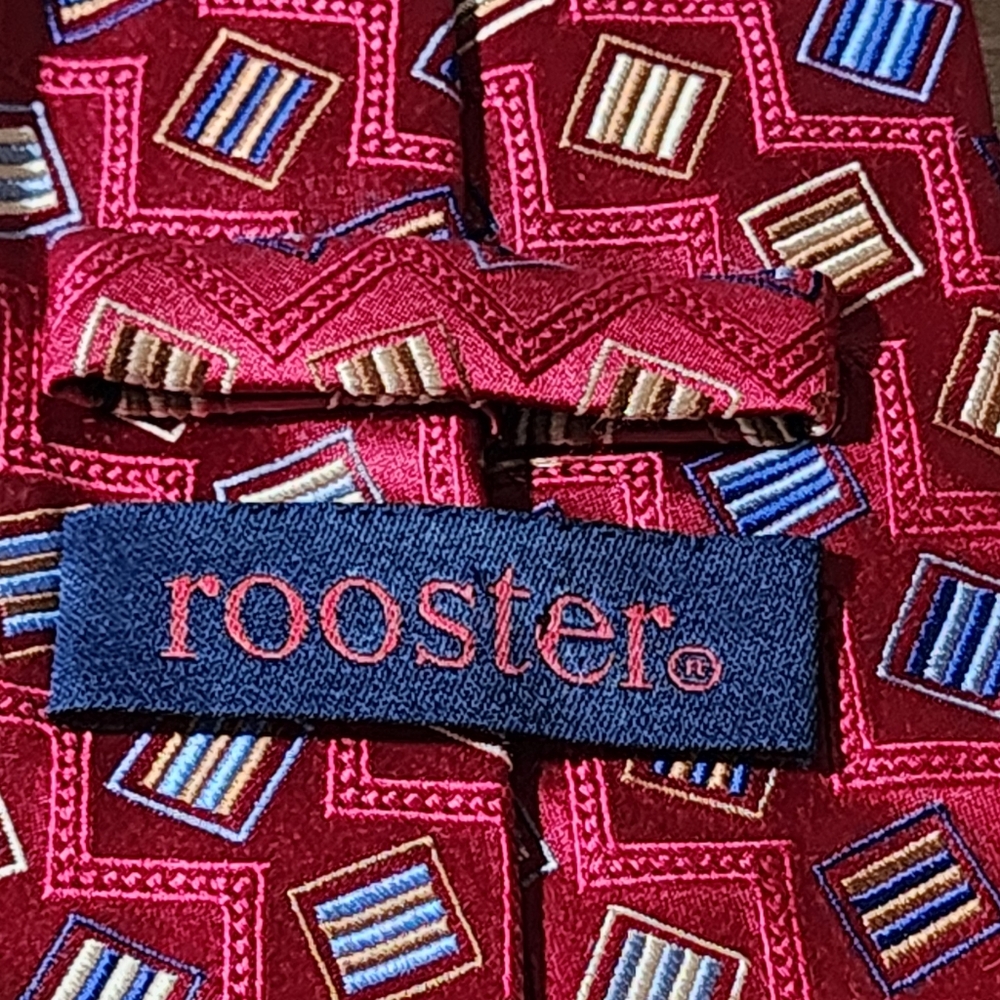 Rooster 100% Silk Men’s Neck Tie Geometric  Vintage Design‎ Red,Blue & Gold